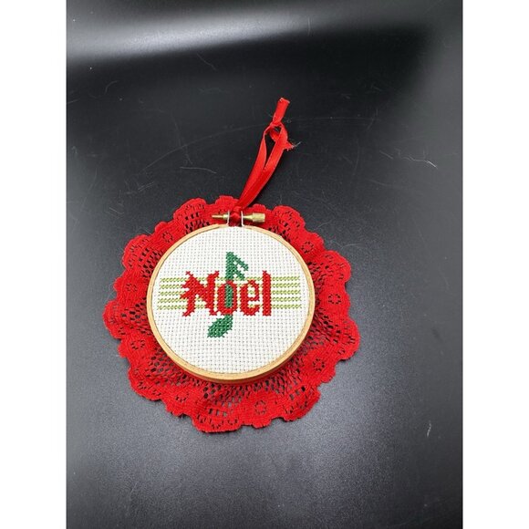 Completed Noel Cross Stitch Embroidery Christmas Ornament Hoop Red Lace Ribbon - Picture 1 of 4